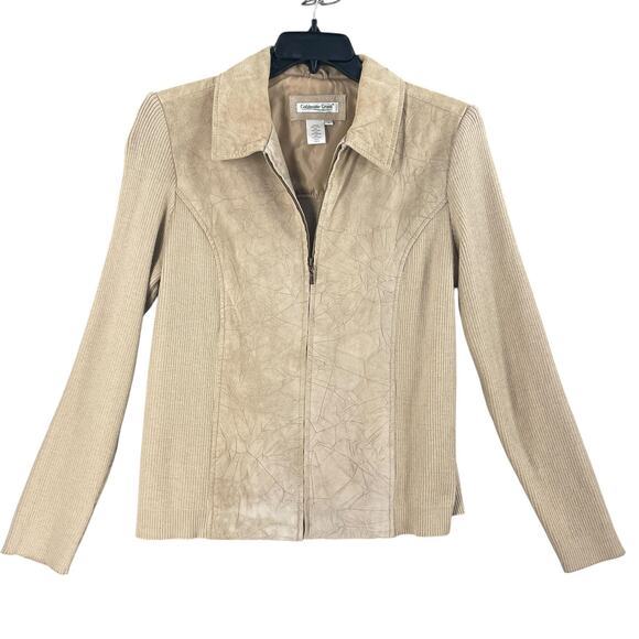 Coldwater Creek Jacket Womens Large Tan Suede Leather Knit Sleeves Full Zip - Picture 1 of 9